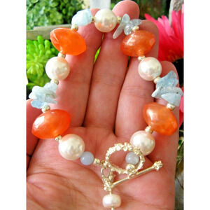 New Natural Blue Quartz Crystal & Pearl Bracelet w/ Sterling Silver Pearl Accent